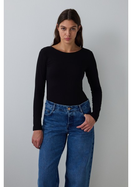 CUPsecret Kendinden Pedli Siyah Bisiklet Yaka Uzun Kollu Slim Fit Üst fiyatları