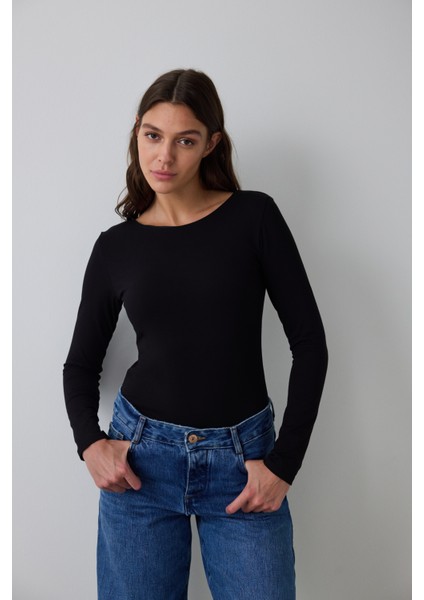 CUPsecret Kendinden Pedli Siyah Bisiklet Yaka Uzun Kollu Slim Fit Üst fırsatları