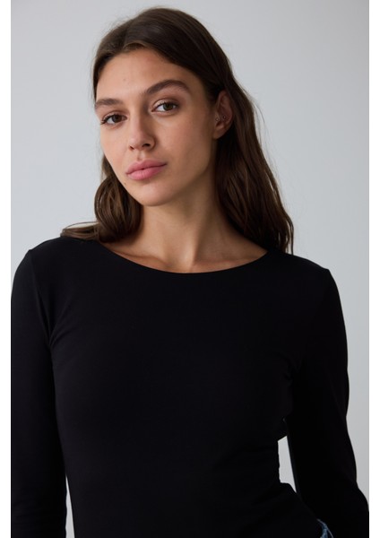 CUPsecret Kendinden Pedli Siyah Bisiklet Yaka Uzun Kollu Slim Fit Üst