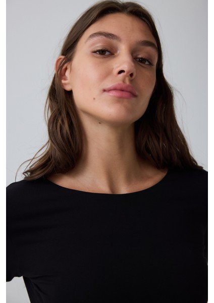 CUPsecret Kendinden Pedli Siyah Bisiklet Yaka Uzun Kollu Slim Fit Üst