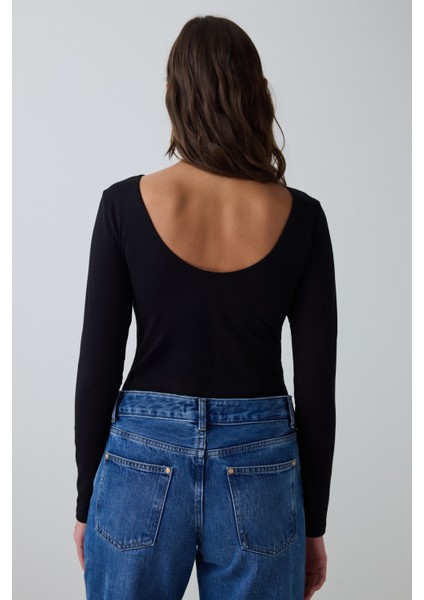 CUPsecret Kendinden Pedli Siyah Bisiklet Yaka Uzun Kollu Slim Fit Üst