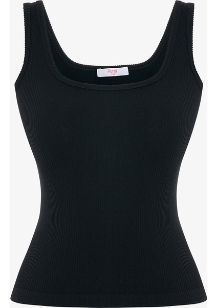 Siyah Dikişsiz Kare Yaka Slim Fit Atlet