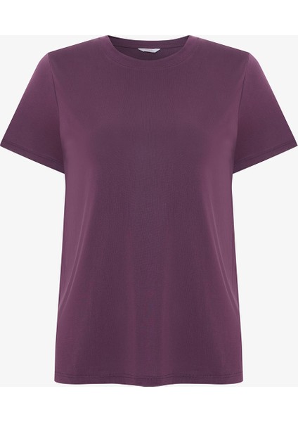 Mor Bisiklet Yaka Kısa Kollu Modal Tişört