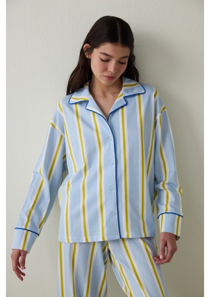 Açık Mavi Çizgili Gömlek Yaka Pamuklu Uzun Kollu Pijama Takımı- Inspired by Flora modelleri