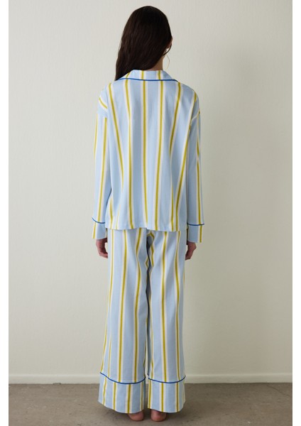 Açık Mavi Çizgili Gömlek Yaka Pamuklu Uzun Kollu Pijama Takımı- Inspired by Flora indirimleri