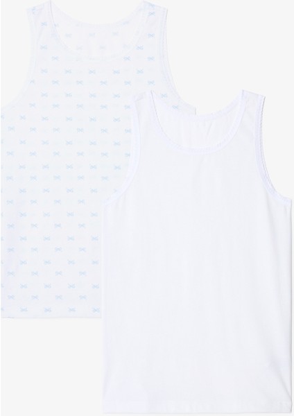 Optik Beyaz Kız Çocuk Bow Kurdela Desenli Pamuklu 2'li Kalın Askılı Atlet