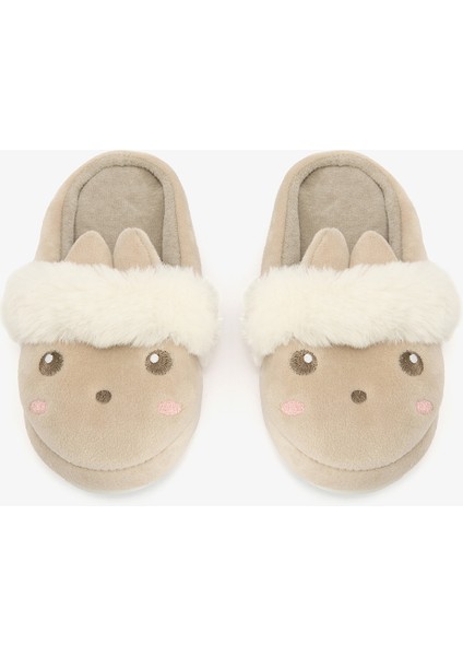 Bej Kız Çocuk Rabbit Nakışlı Ev Terliği
