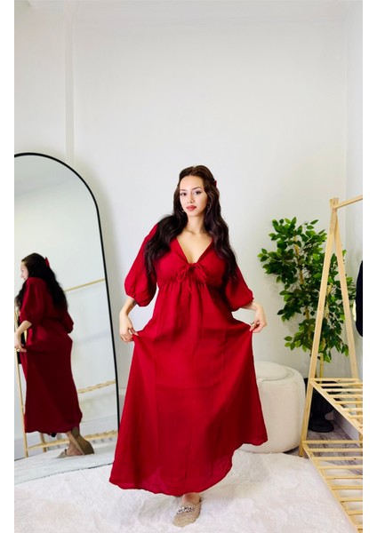 Bymelisabutik V Yaka Salaş Önden Bağlamalı Maxi Elbise