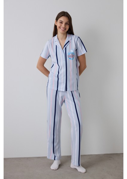 Açık Mavi Sanrio Pamuklu Çizgili Gömlek Yaka Kısa Kollu Pijama Takımı
