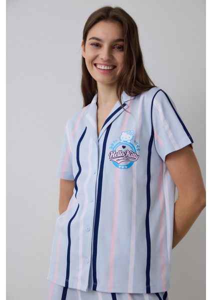 Açık Mavi Sanrio Pamuklu Çizgili Gömlek Yaka Kısa Kollu Pijama Takımı fiyatları