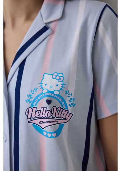 Açık Mavi Sanrio Pamuklu Çizgili Gömlek Yaka Kısa Kollu Pijama Takımı fırsatları