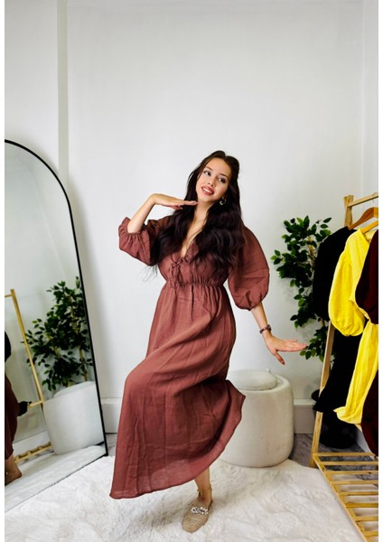 Bymelisabutik V Yaka Salaş Önden Bağlamalı Maxi Elbise