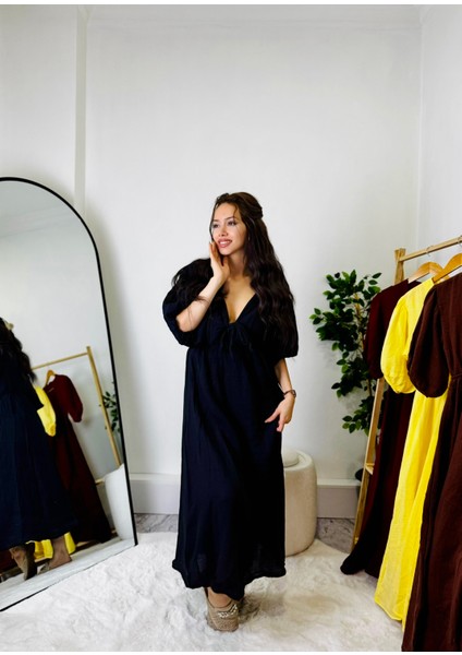 Bymelisabutik V Yaka Salaş Önden Bağlamalı Maxi Elbise