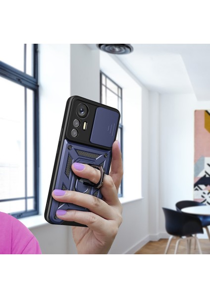 Mi 12 Lite Kılıf Magnetik Standlı Kamera Korumalı Alt Sürgülü Vega Kapak - Siyah