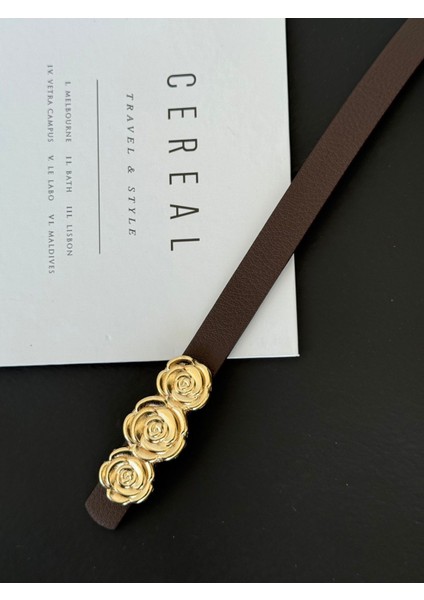 Gold Gül Toka Detaylı Deri Kadın Kemer