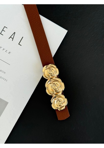 Gold Gül Toka Detaylı Deri Kadın Kemer modelleri