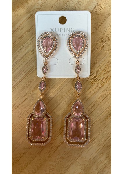 Gold Renk Pembe Taşlı Sallantılı Lüks Abiye Küpe