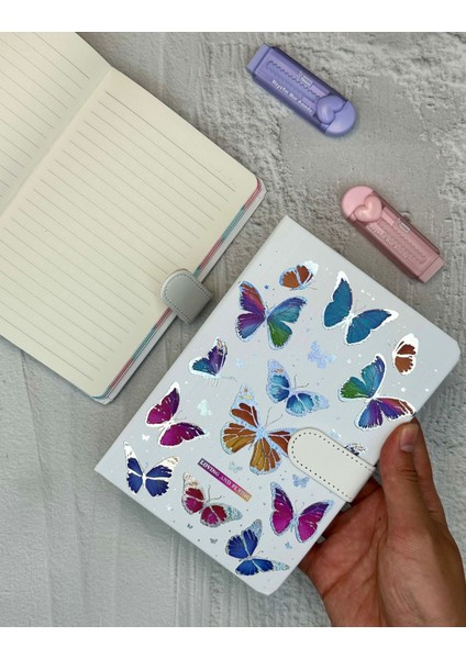 Kelebek Desenli Çizgili Sert Kapak Mıknatıslı Defter Beyaz