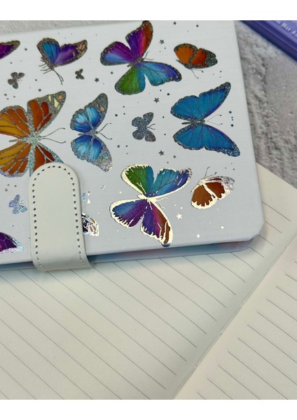 Kelebek Desenli Çizgili Sert Kapak Mıknatıslı Defter Beyaz indirimleri