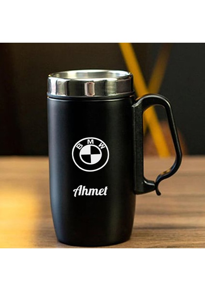 240 ml Kulplu Paslanmaz Çelik Araç Baskılı Termos Bardak - Isı Yalıtımlı Kahve Kupası