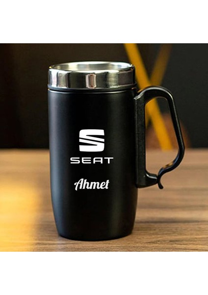 240 ml Kulplu Paslanmaz Çelik Araç Baskılı Termos Bardak - Isı Yalıtımlı Kahve Kupası