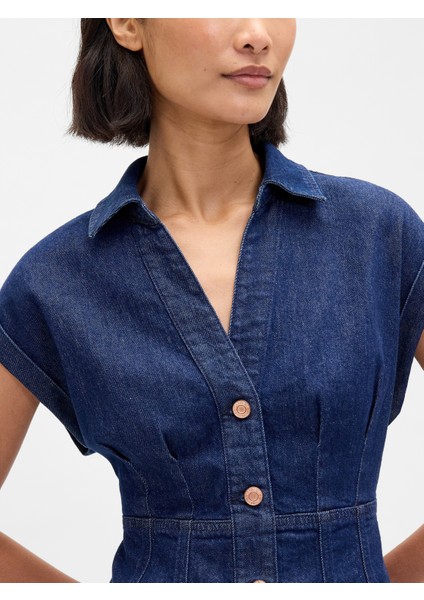 Kadın Koyu Mavi Denim Seamed Mini Elbise modelleri