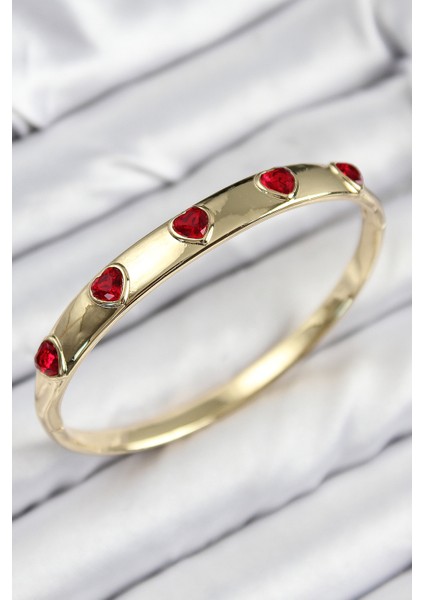 Pirinç Zirkon Taşlı Kırmızı Kalp Model Gold Renk Kadın Kelepçe