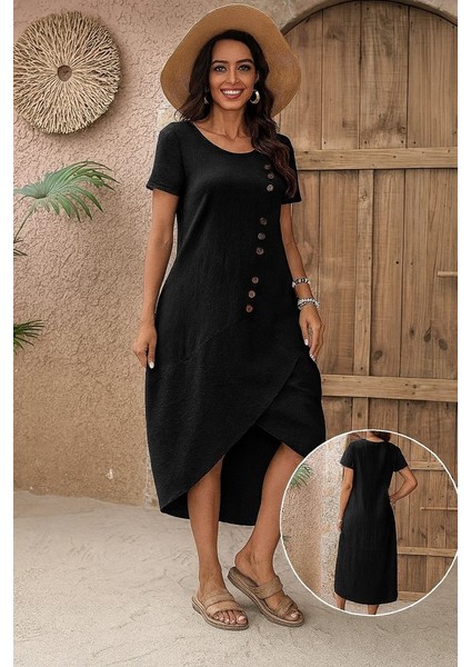 Kadın Kısa Kollu Bisiklet Yaka Düğme Detay Müslim Elbise