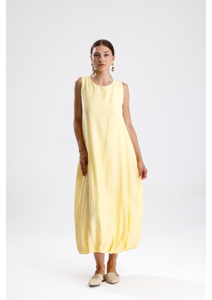 Sıfır Kol Balon Etekli Elbise - Sarı