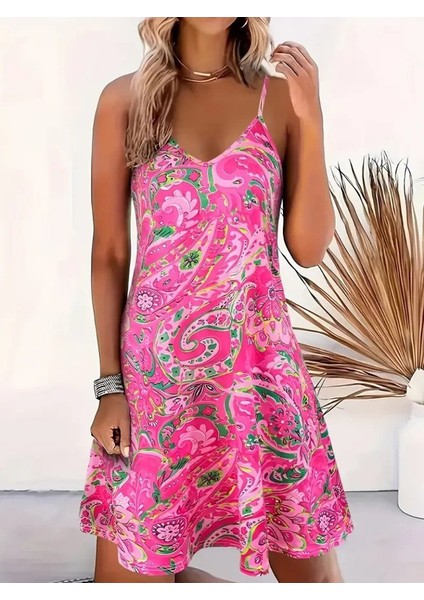 Miracotton Kadın Ip Askılı V Yakalı Desenli Kısa Süprem Mini Elbise