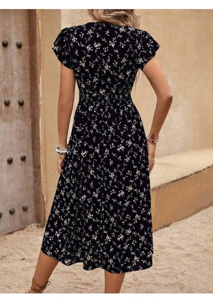 Kadın Kısa Kollu V Yakalı Beli Lastikli Çiçek Desenli Süprem Elbise fırsatları