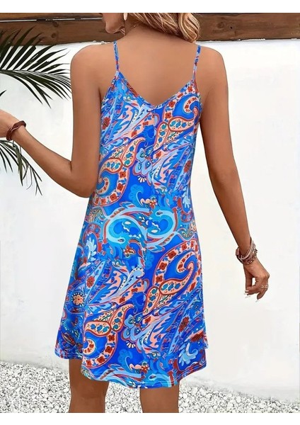 Kadın Ip Askılı V Yakalı Desenli Kısa Süprem Mini Elbise fiyatları