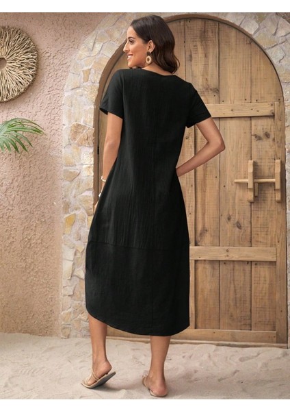 Kadın Kısa Kollu Bisiklet Yaka Düğme Detay Müslim Elbise