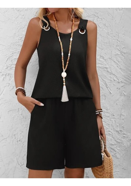 Kadın Askılı Yuvarlak Yaka Kuş Gözü Detaylı Bürümcük Bluz ve Short Ikili Takım indirimleri