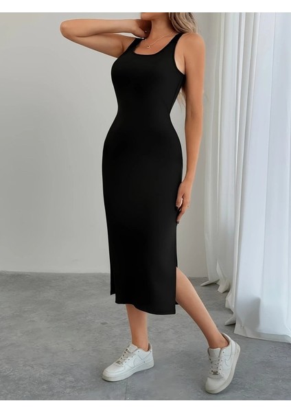 Kadın Askılı Yuvarlak Yakalı Yandan Yırtmaçlı Arkası Dantel Detaylı Viskon Elbise