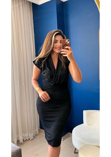 Kadın Kısa Kollu Kruvaze Yaka Krep Elbise (Kemersiz) modelleri