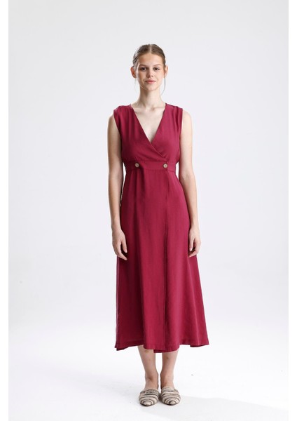 Kruvaze Pileli Bordo Elbise - Bordo modelleri