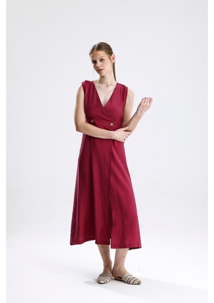 Kruvaze Pileli Bordo Elbise - Bordo indirimleri