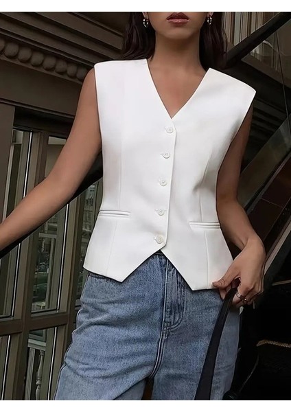 Kadın Sıfır Kollu Önden Düğmeli Atlas Yelek