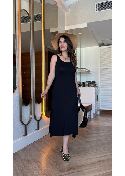 Kadın Askılı Yuvarlak Yakalı Viskon Elbise