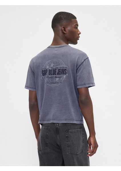 Erkek Mavi Heavyweight Crop Grafik T-Shirt