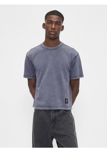 Erkek Mavi Heavyweight Crop Grafik T-Shirt fırsatları