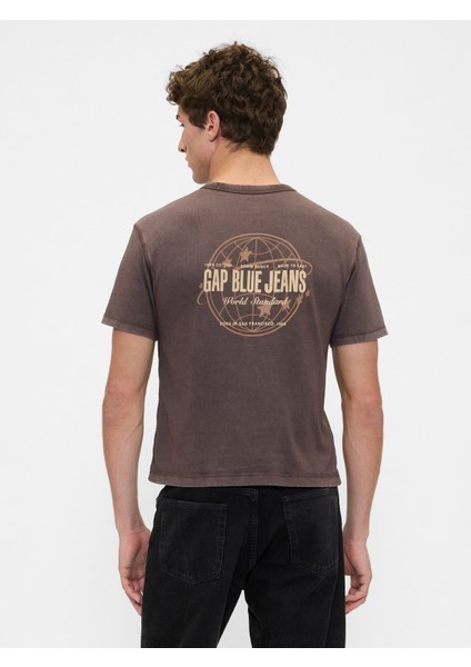 Erkek Kahverengi Heavyweight Crop Grafik T-Shirt