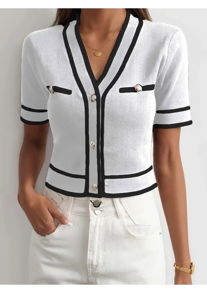 Kadın Kısa Kollu Önden Düğmeli Triko Bluz