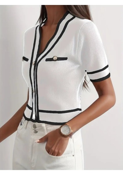 Kadın Kısa Kollu Önden Düğmeli Triko Bluz fırsatları
