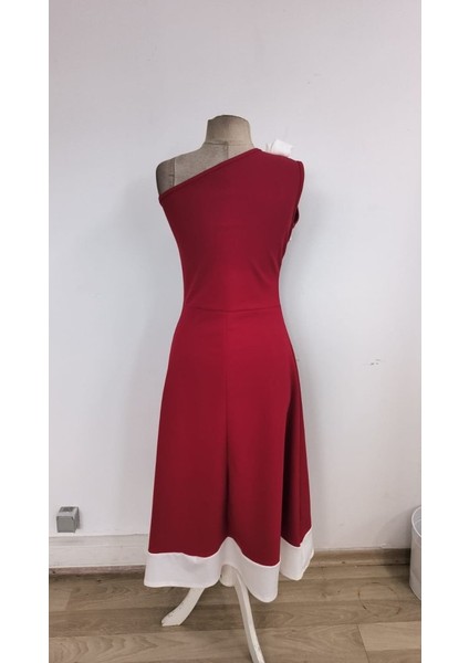 Aknbutik Kadın Tek Omuzu Açık Omuzlardan Kurdela Detaylı Çift Renkli Ithal Krep Elbise indirimleri