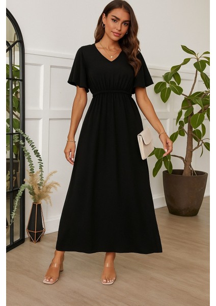 Kadın Kısa Kollu V Yakalı Beli Lastikli Uzun Viskon Elbise