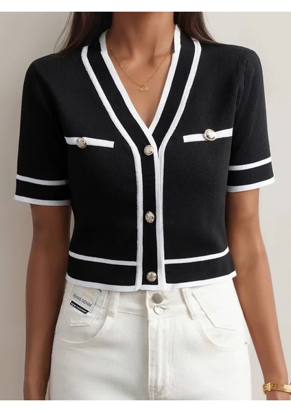 Kadın Kısa Kollu Önden Düğmeli Triko Bluz modelleri