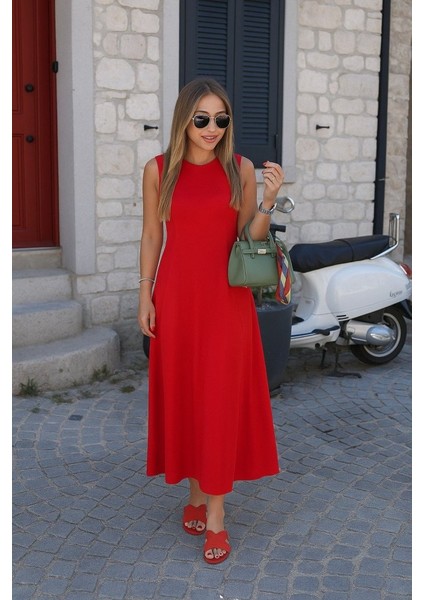 Kadın Sıfır Kollu Bisiklet Yaka Viskon Elbise