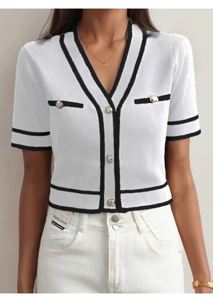 Kadın Kısa Kollu Önden Düğmeli Triko Bluz indirimleri